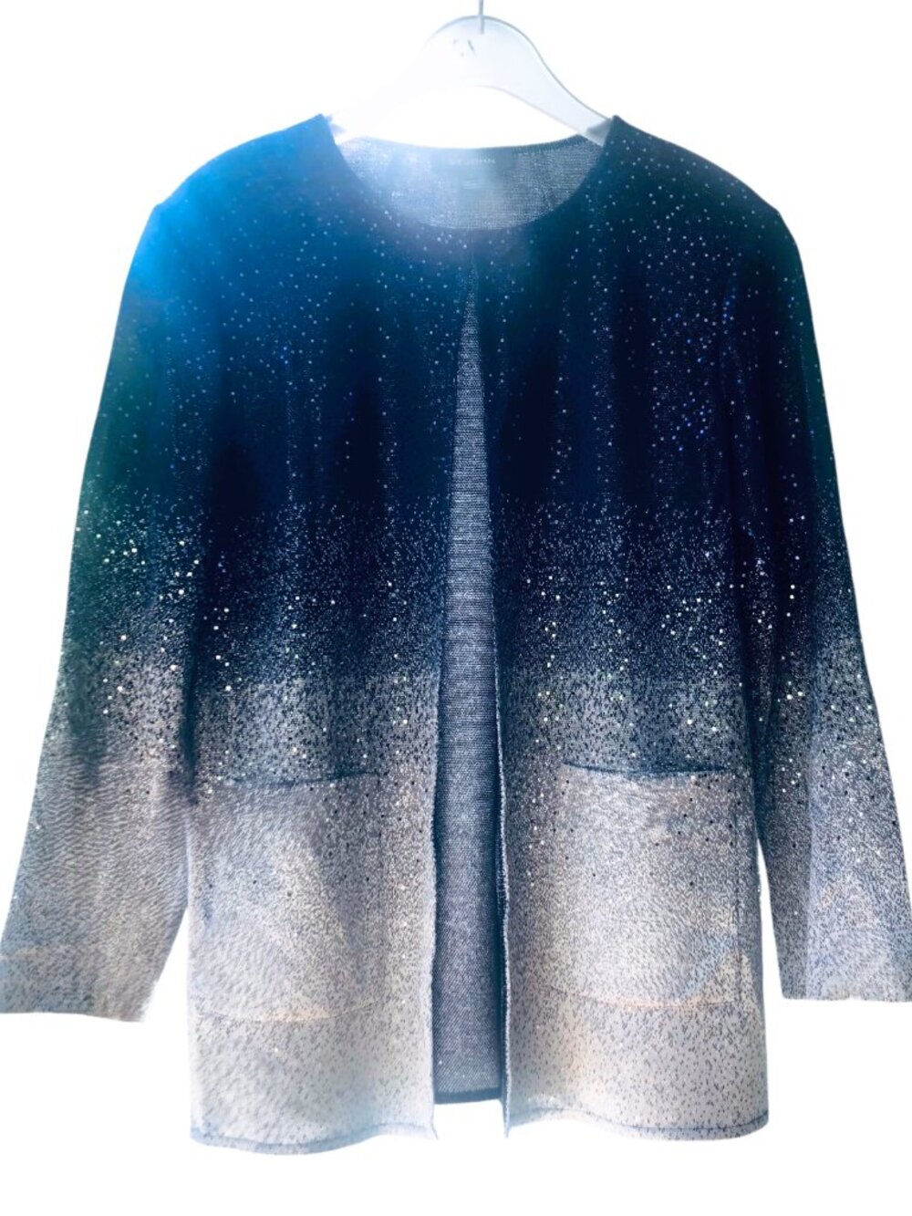 ST JOHN Navy Sparkle Silver Ombré Knit Cardigan Evening Glamour Jacket Luxe Sz L - Picture 5 of 8
